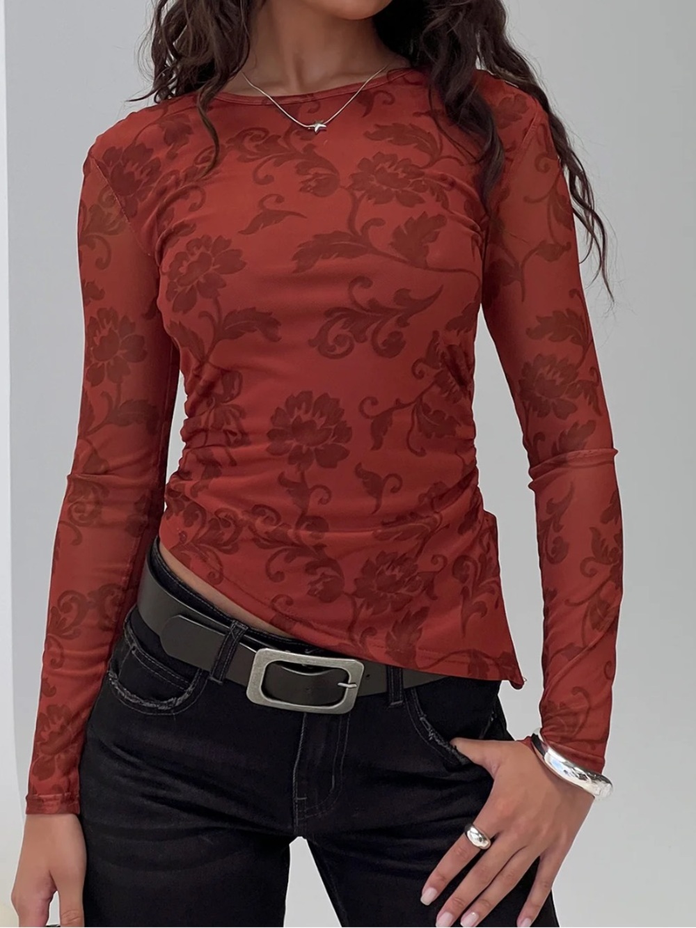 Princess Polly burnout Sheer People Watching Long Sleeve Top Red Floral small